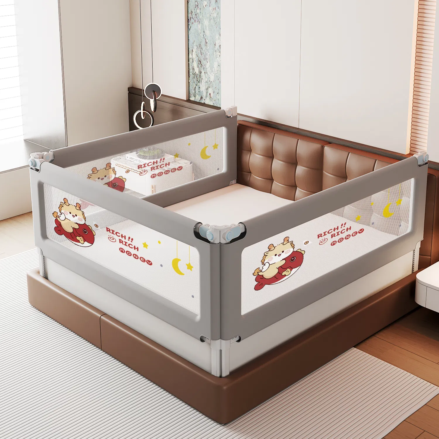 Safe &amp; Secure Adjustable Baby Bed Rail with One-Button Lift Feature