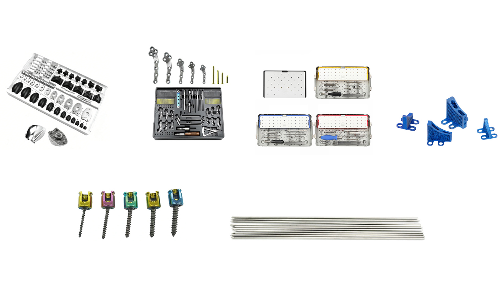 Osteora surgical implant product range display — trauma plates, screws, spinal systems and joint reconstruction devices