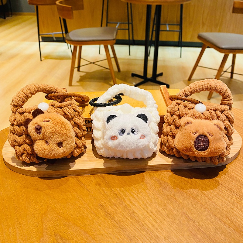 Custom Cartoon Capybara Knitted Plush Headphone Bag Keychain Personalized Logo Soft Stuffed Animal Bag Charm Bulk Wholesale