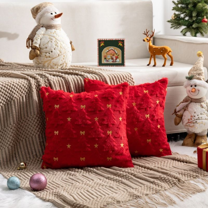 Christmas 3D Embroidered Tree Plush Throw Pillow, Holiday Sofa Cushion