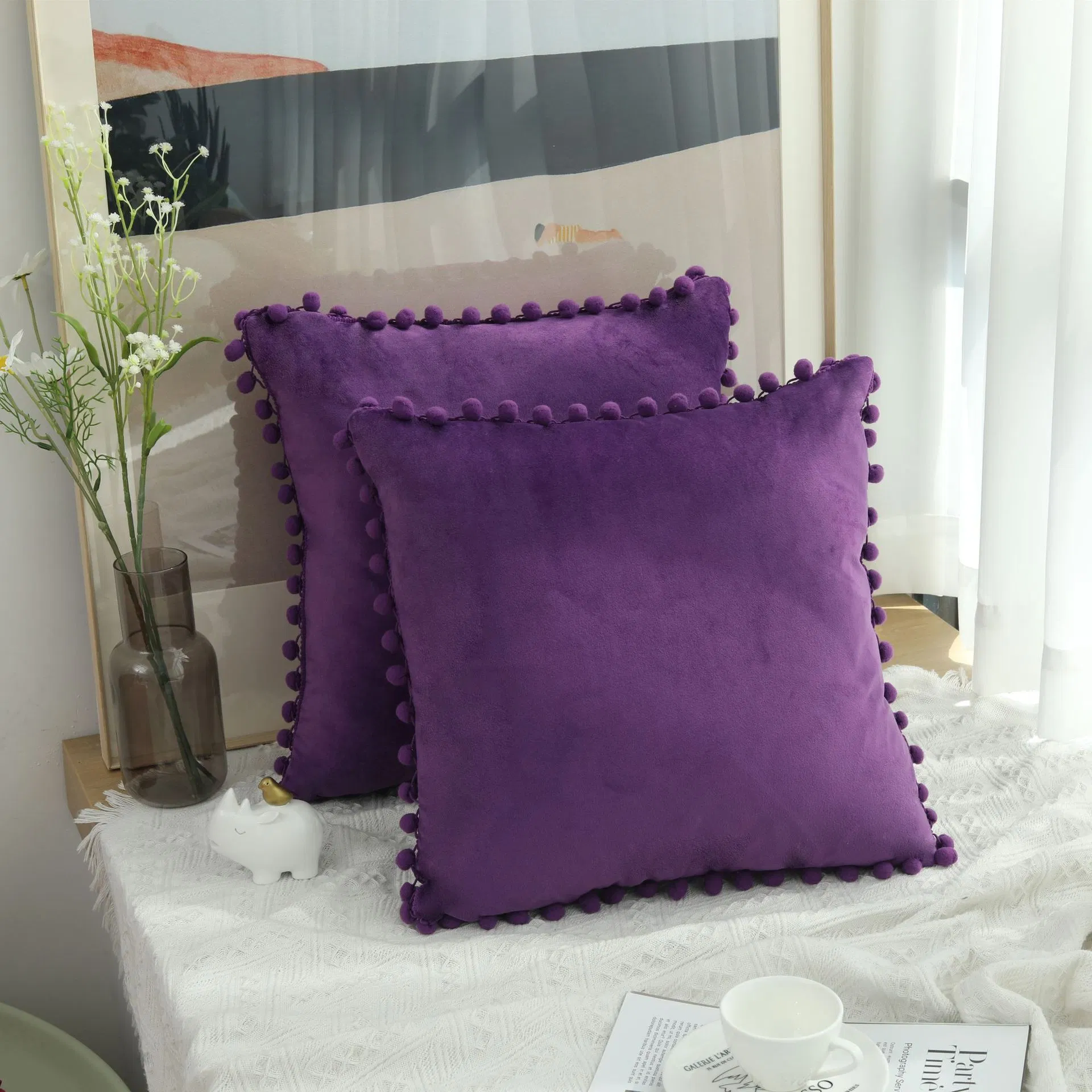 Decorative Throw Pillow Covers with POM-Poms for Couch Bedroom, Halloween Pumpkin Autumn Soft Plush Accent Cushion Case