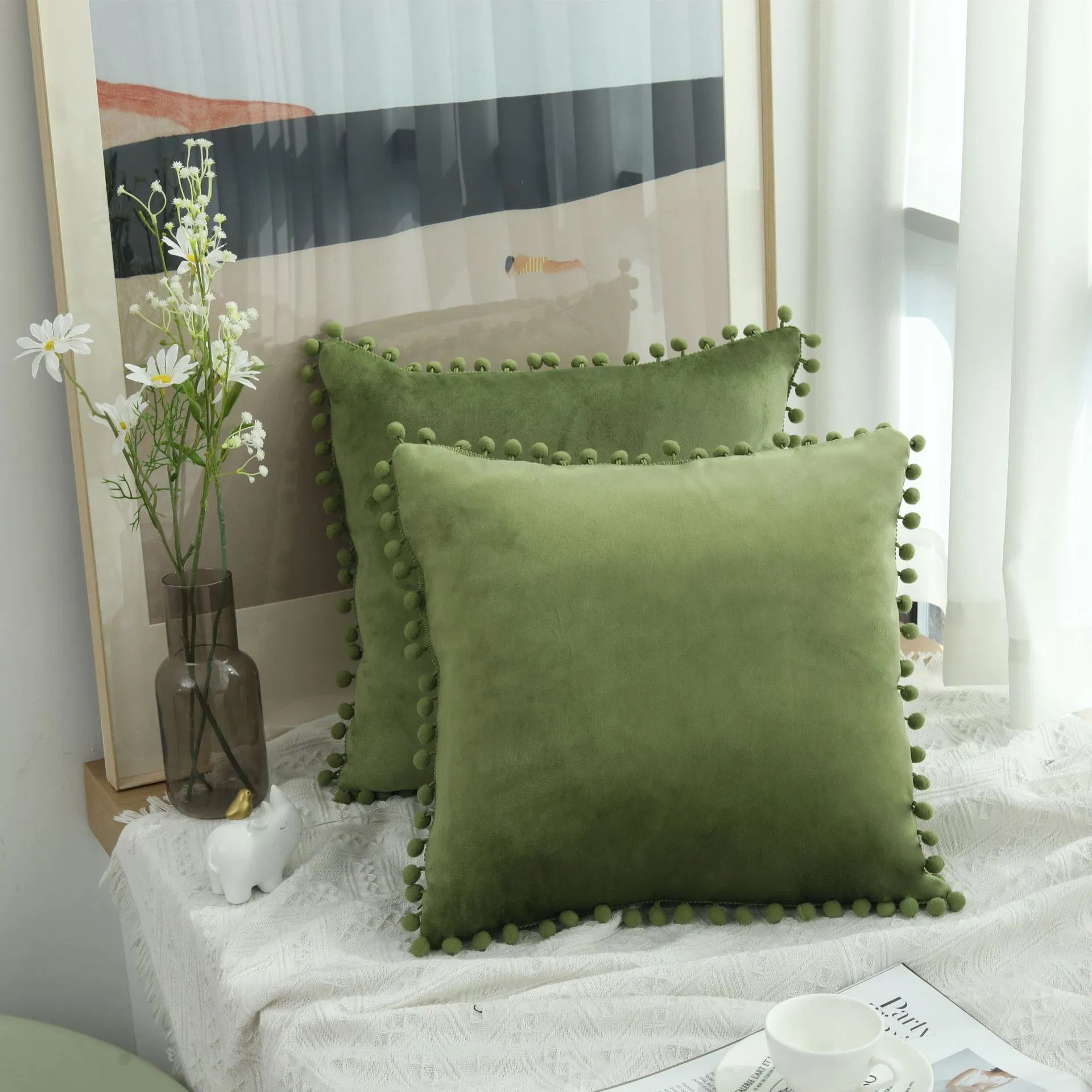 Decorative Throw Pillow Covers with POM-Poms for Couch Bedroom, Halloween Pumpkin Autumn Soft Plush Accent Cushion Case