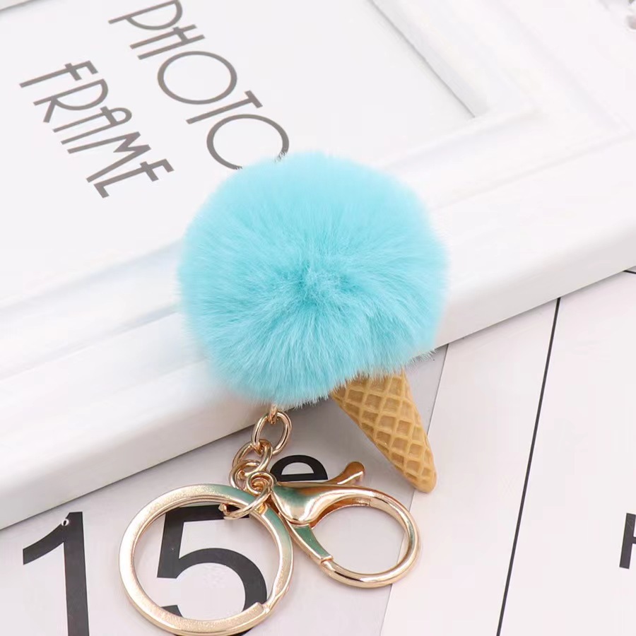 JAMELIN Kawaii Pompom Keychain Ice Cream Cone Pom Pom Purse Backpack Pendant Clip Key Ring Fluffy Ice Cream Key Chains