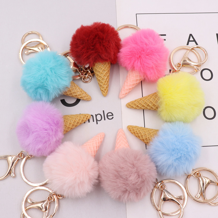 Cute Pompom Keychain Ice Cream Cone Furry Pom Pom Decorative Purse and Backpack HandBag Pendant Clip Puff Bal Key Chains Charms