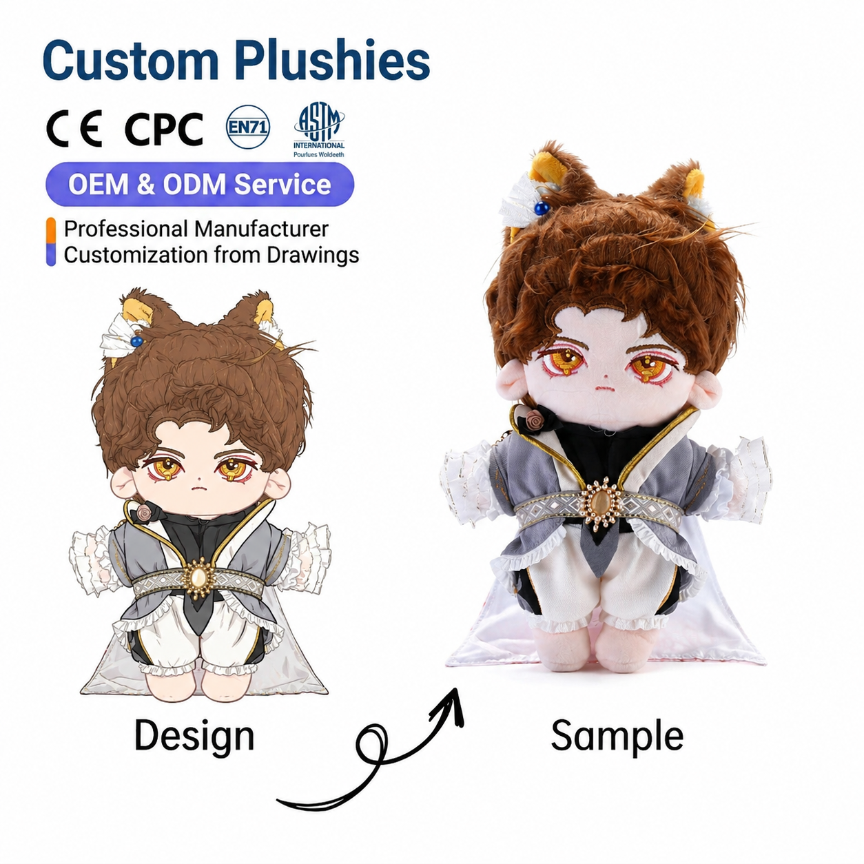 New K- Anime Customizable Plush Doll 20cm Purple Ponytail Sitting Girl Stress Relief Embroidered Soft Stuffed Toy
