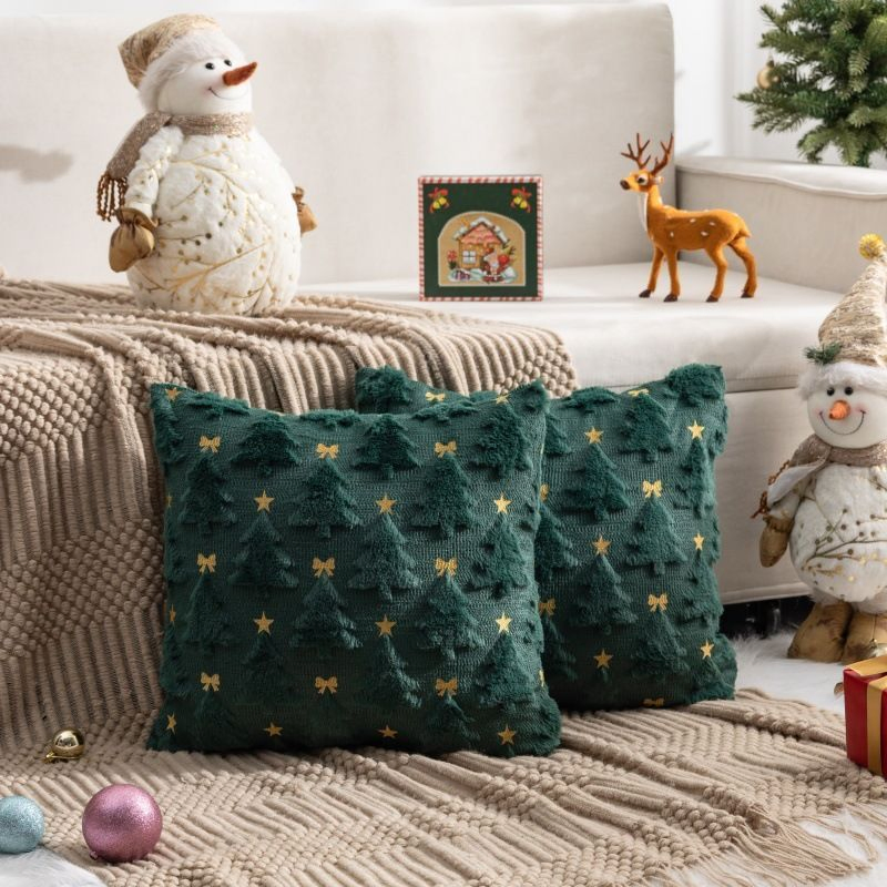 Christmas 3D Embroidered Tree Plush Throw Pillow, Holiday Sofa Cushion