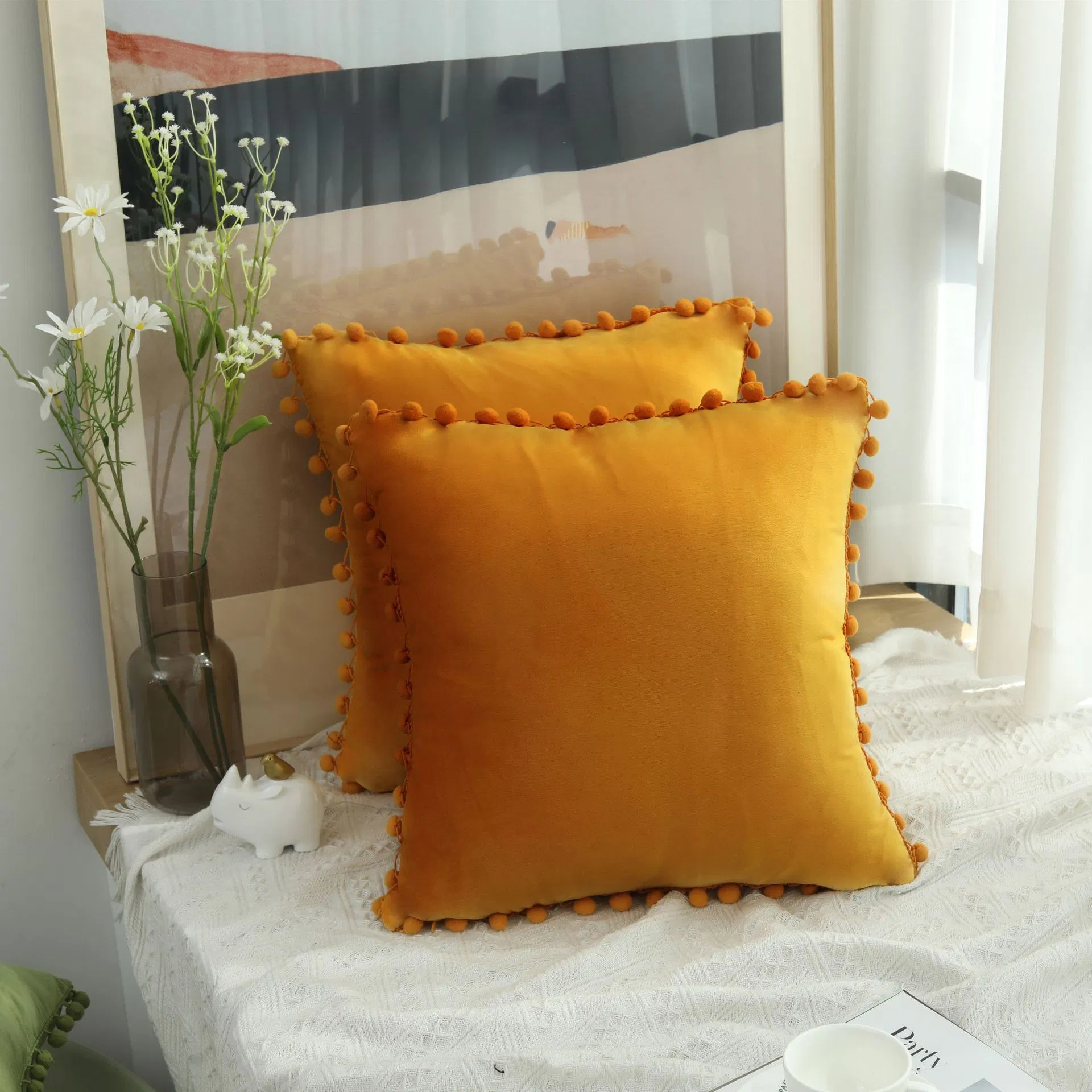 Decorative Throw Pillow Covers with POM-Poms for Couch Bedroom, Halloween Pumpkin Autumn Soft Plush Accent Cushion Case