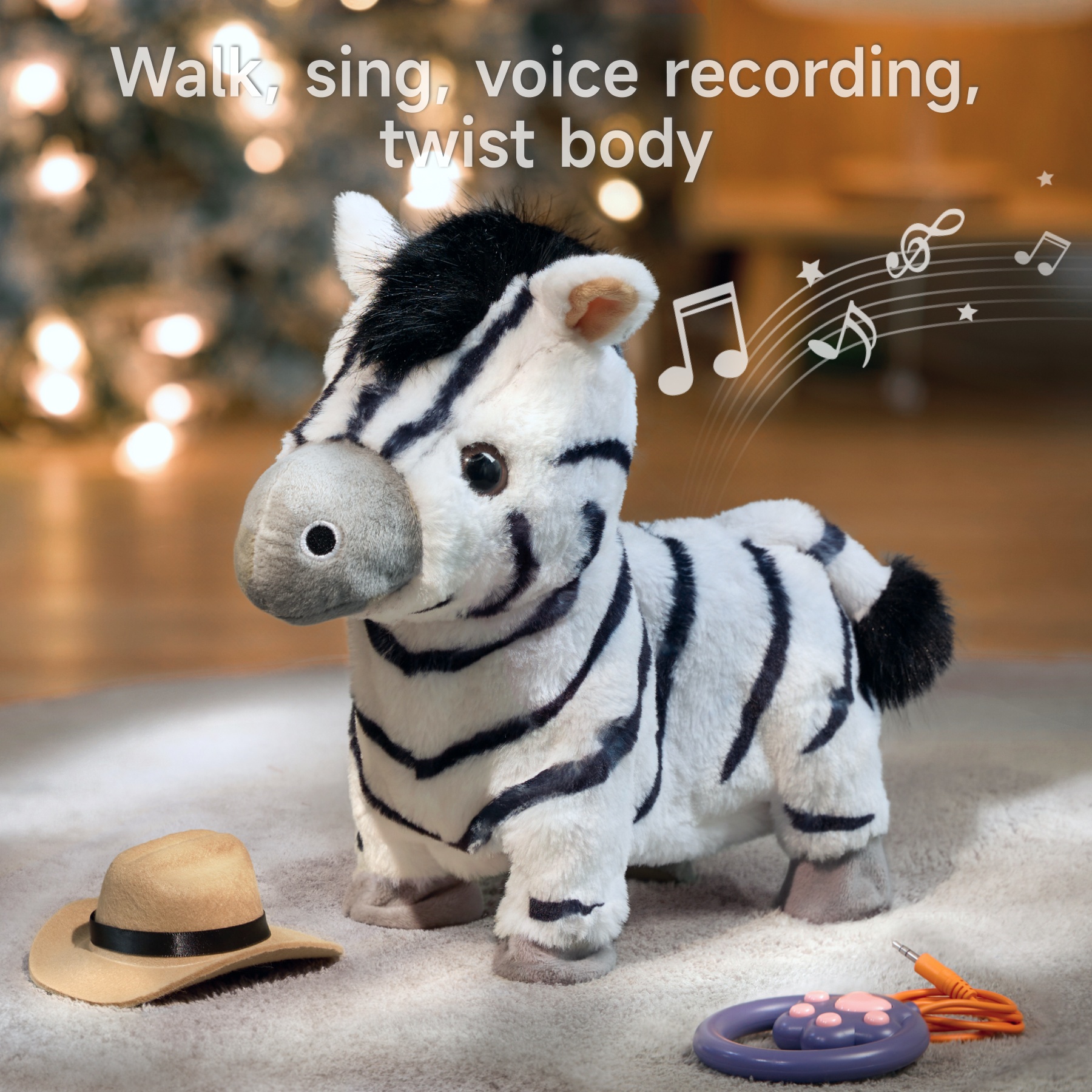 Tumama Kids Cute Animal Electronic Soft Baby Plush Toy Leash Control Twisting Singing Walking Zebra Plush Stuffed Toys for 36M