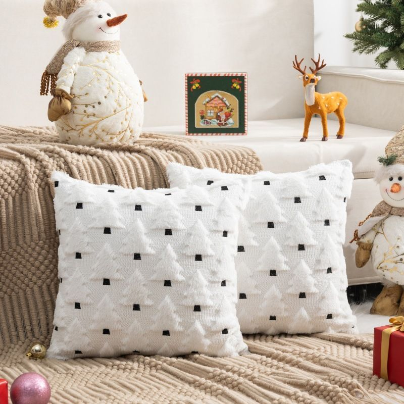 Christmas 3D Embroidered Tree Plush Throw Pillow, Holiday Sofa Cushion