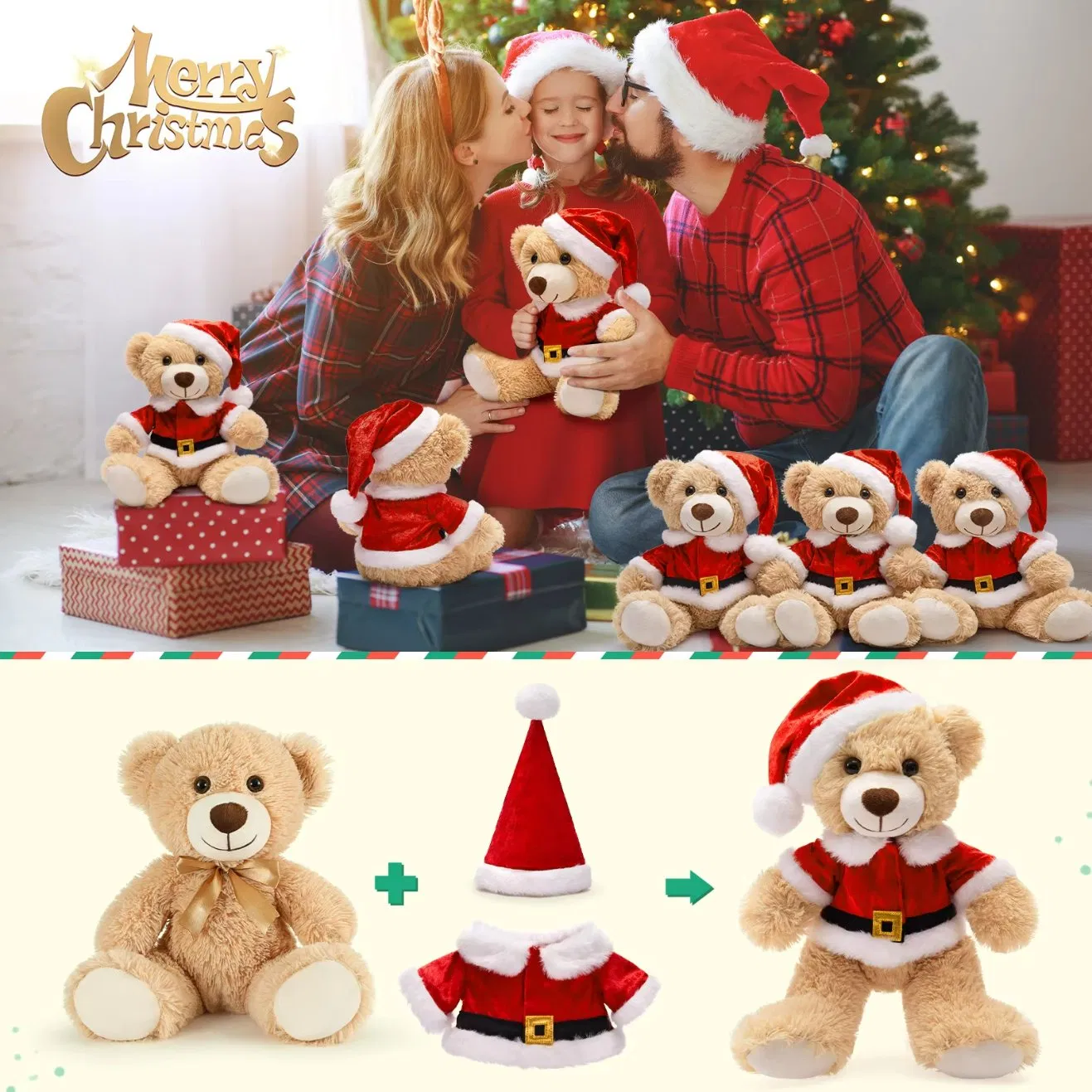 2026 Christmas Teddy Bear Plush Toy Soft Cozy Holiday Decor Cuddly Animal Festive Gift for Kids Stocking Stuffer Doll Plushie