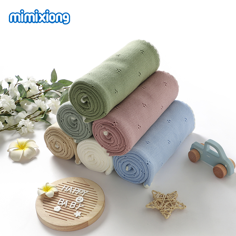 Mimixiong Baby Blankets Cotton Solid Color Hollow Out Shell Edge Knitted Baby Blanket Newborn Swaddle Blanket