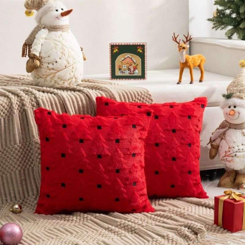 Christmas 3D Embroidered Tree Plush Throw Pillow, Holiday Sofa Cushion