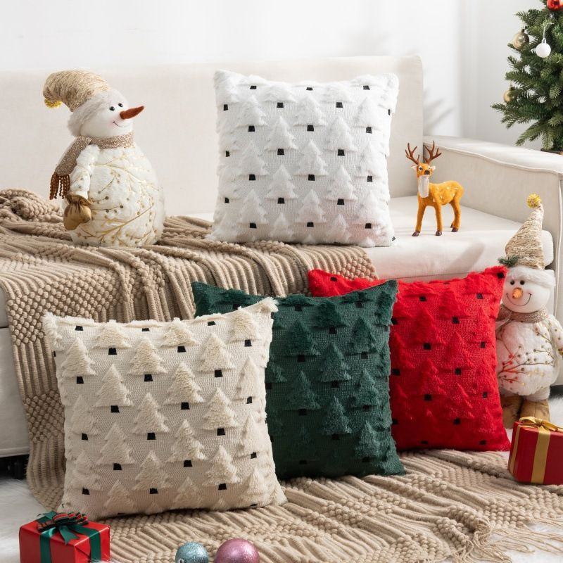 Christmas 3D Embroidered Tree Plush Throw Pillow, Holiday Sofa Cushion