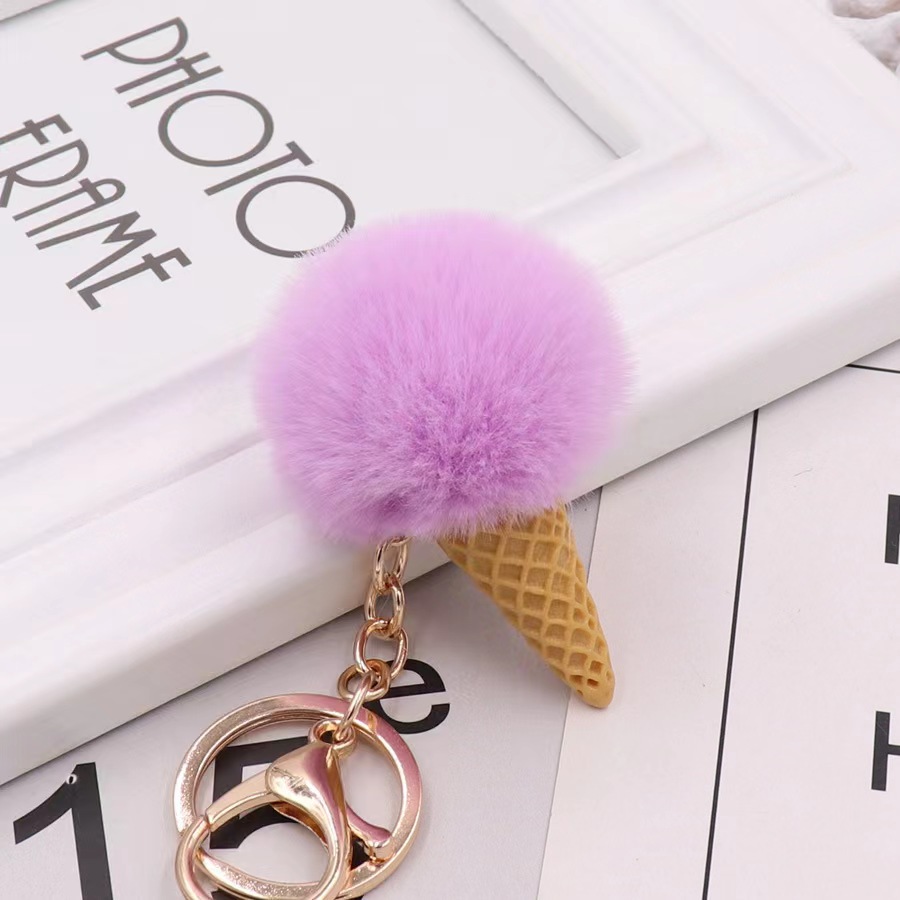 JAMELIN Kawaii Pompom Keychain Ice Cream Cone Pom Pom Purse Backpack Pendant Clip Key Ring Fluffy Ice Cream Key Chains