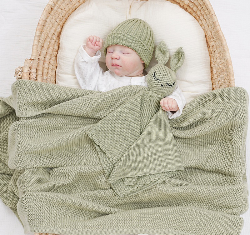100% Cotton Knit Security Blanket Soft Animal Rabbit Towel and Comforter Blanket Sets Soothing Gifts for Newborn Baby