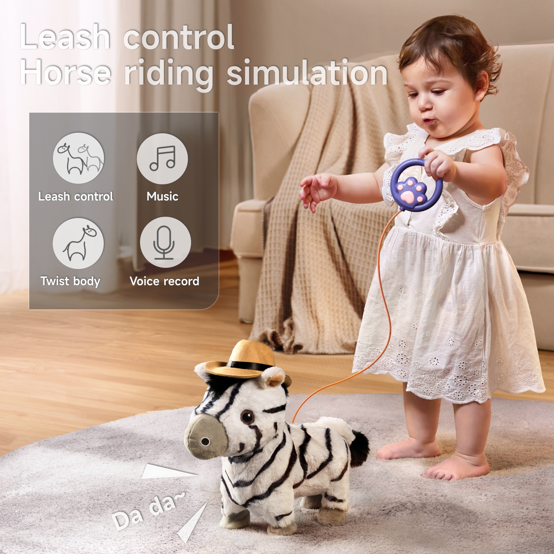 Tumama Kids Cute Animal Electronic Soft Baby Plush Toy Leash Control Twisting Singing Walking Zebra Plush Stuffed Toys for 36M