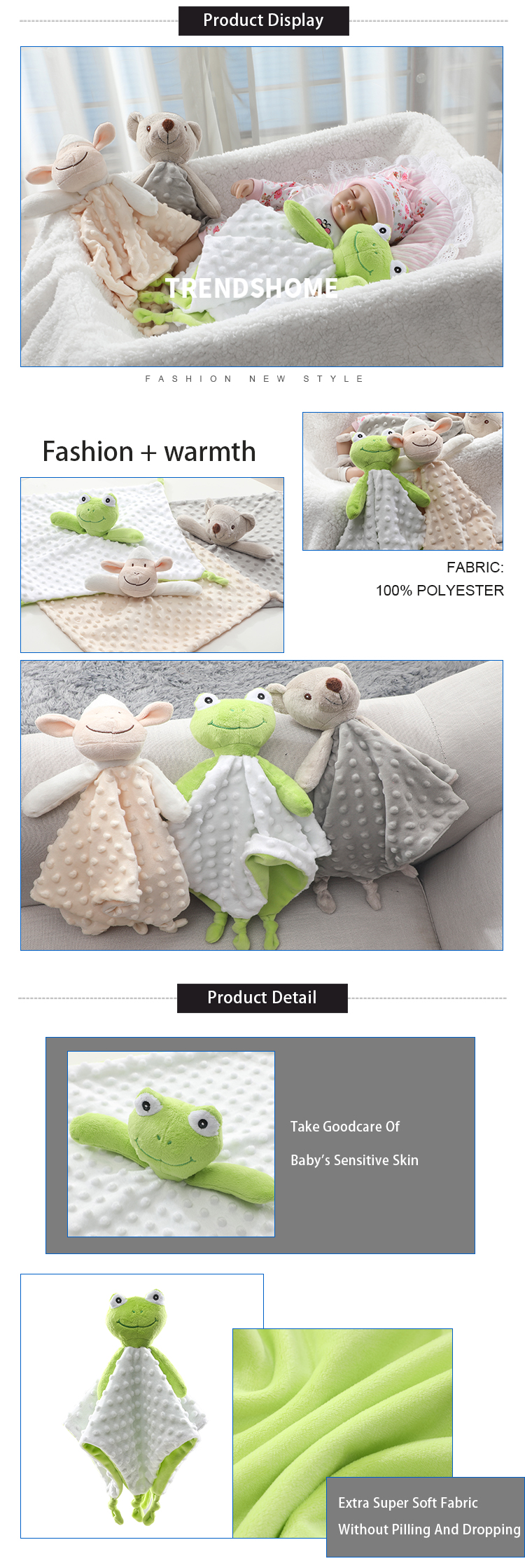 100% Polyester Cashmere Polar Fleece Minky Dot Security Blanket Kid's Animal Babie's Baby Blanket