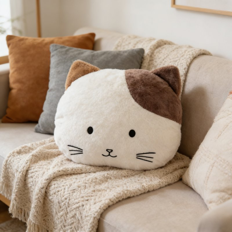 Cute Calico Cat Plush Throw Pillow Soft Stuffed Kitten Decorative Cushion for Kids &amp; Sofa