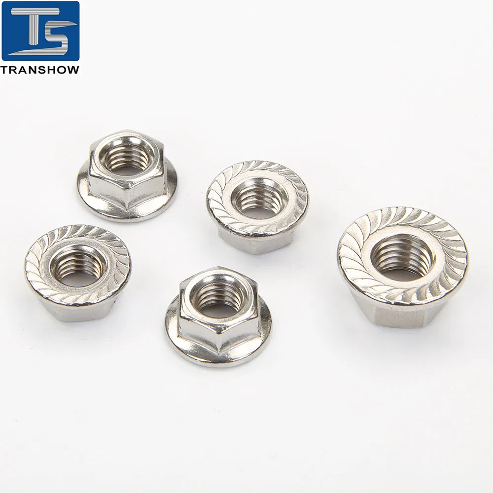 DIN6923 Porca de Aço Carbono e B18.2.2 Porcas Flange Serrilhadas Hexagonais de Aço Inoxidável, SS304 SUS316 Porca Hexagonal em Estoque