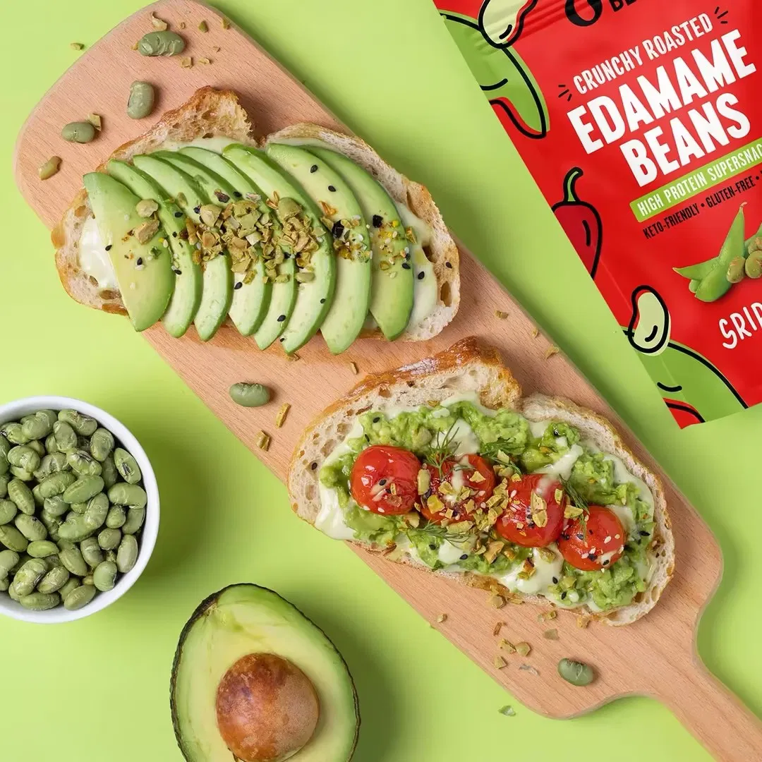 Edamames torrados crocantes, variedade de temperos ranch e BBQ, lanche sem glúten