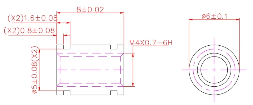 C3604 Porca de Inserto com Estrias em Latão, M4X0.7-6h, φ6X8mm, Estria de Diamante, Inserto Rosqueado de Pressão
