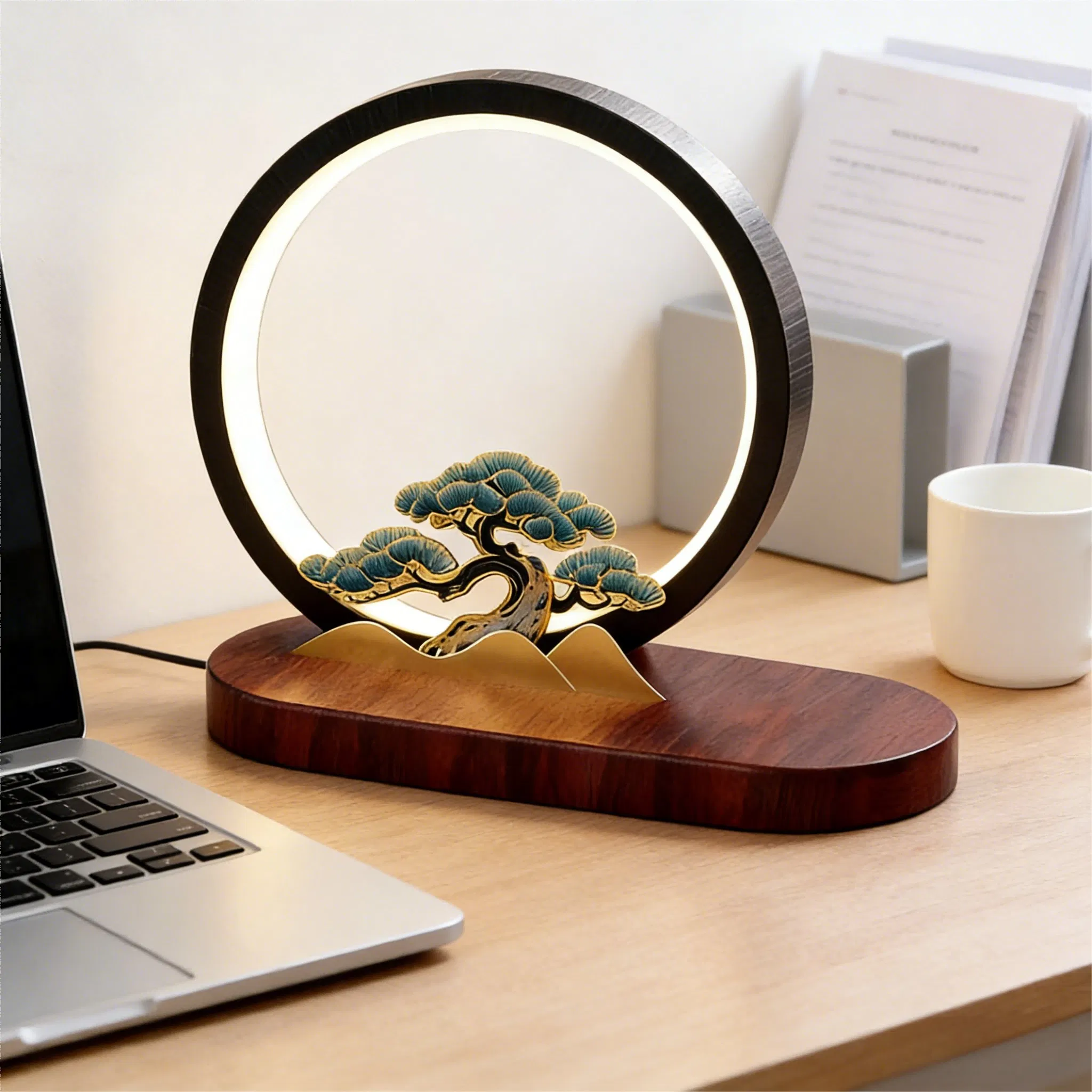 Circular LED Chinese Style Pine Accent Table Lamp Wireless Charging for Smartphone Custom Logo Table Lamp