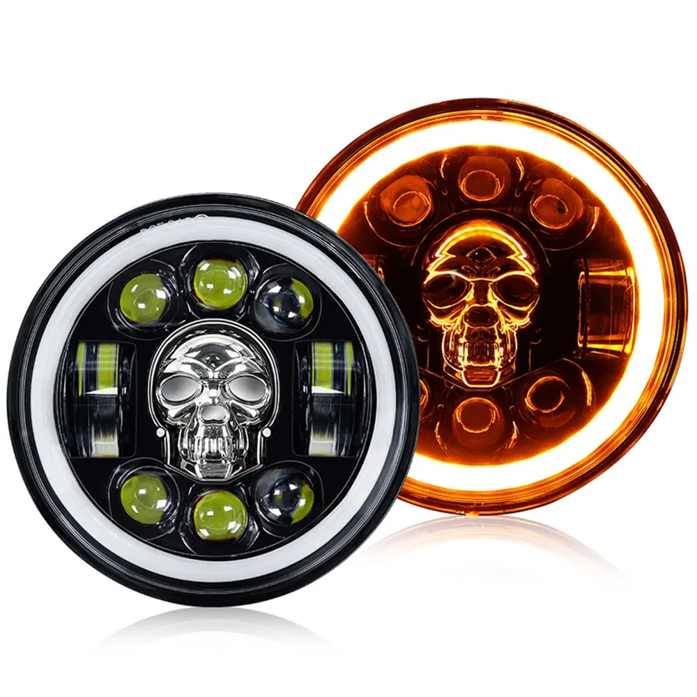 12V 24V 5.75inch Motorcycle Wrangler Round RGB Skull Front LED Headlight, Truck Car Offroad 4X4 SUV High Low Beams H4 Halo Angel Eyes Driving Headlamp