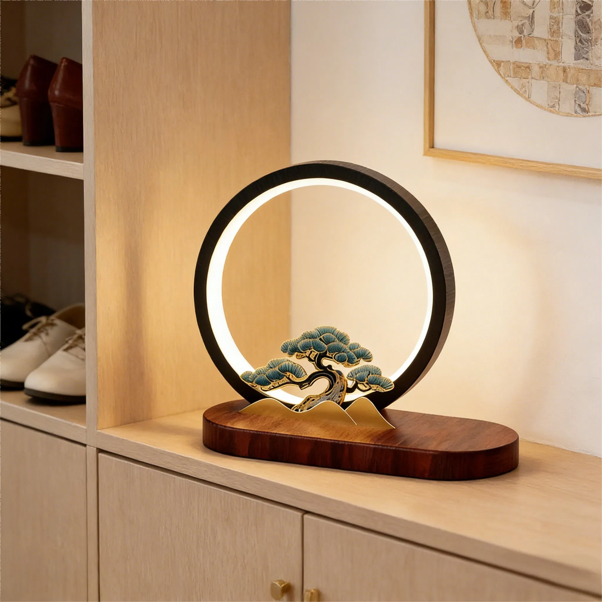 LED Wireless Charging Table Lamp Chinese Style Circular Pine Decoration Custom Logo Table Lamp