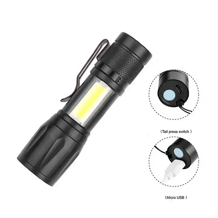 USB Rechargeable COB LED Flashlight Mini Aluminium Alloy Zoomable Flood Torch