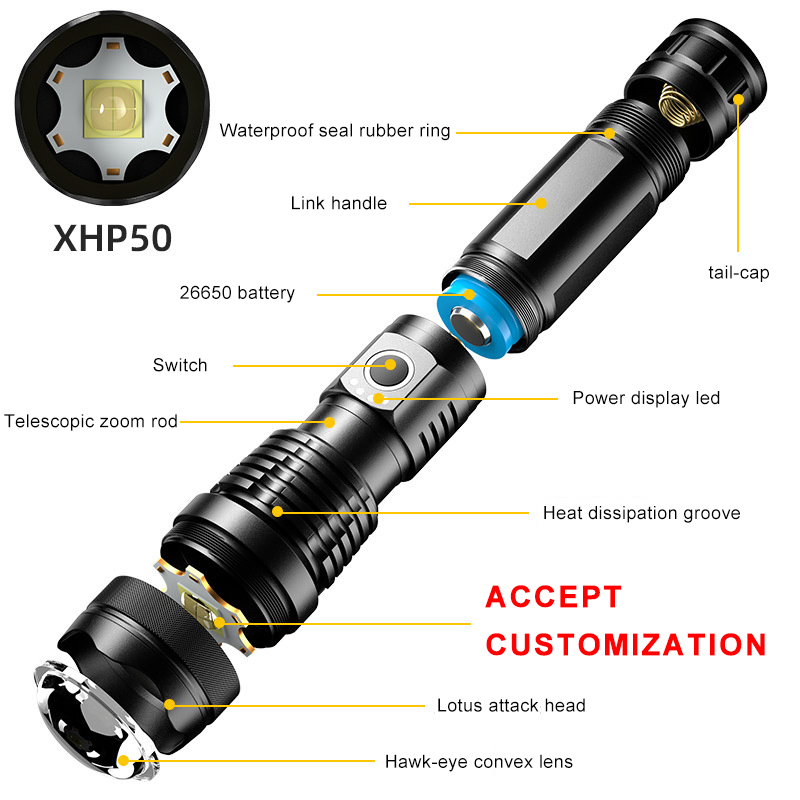Helius 30W LED 1000m Long Range Powerful Torch Type-C Rechargeable Telescopic Zoom Tactical LED Flashlight