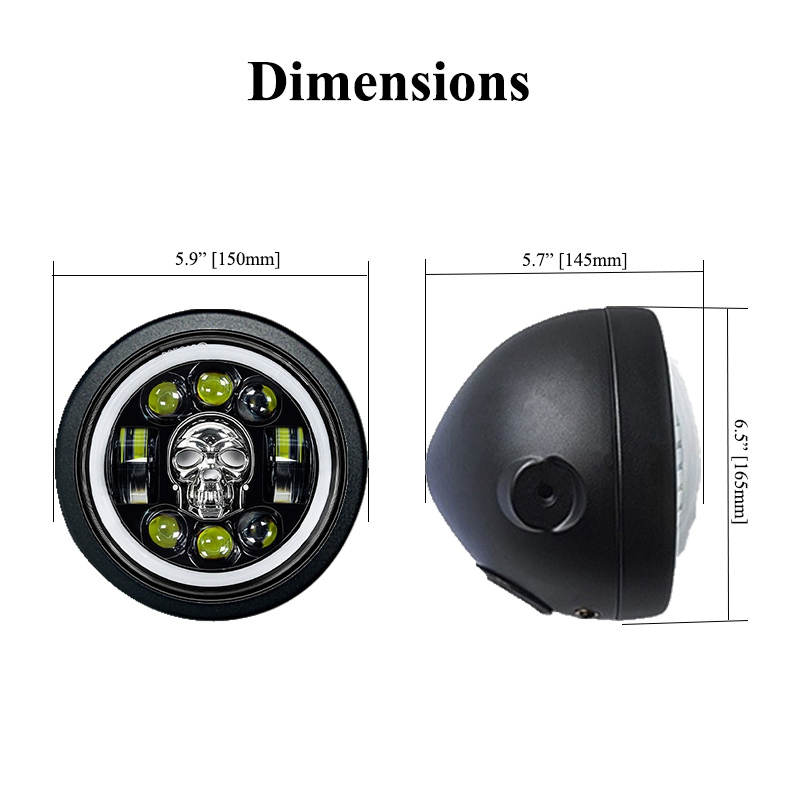 12V 24V 5.75inch Motorcycle Wrangler Round RGB Skull Front LED Headlight, Truck Car Offroad 4X4 SUV High Low Beams H4 Halo Angel Eyes Driving Headlamp