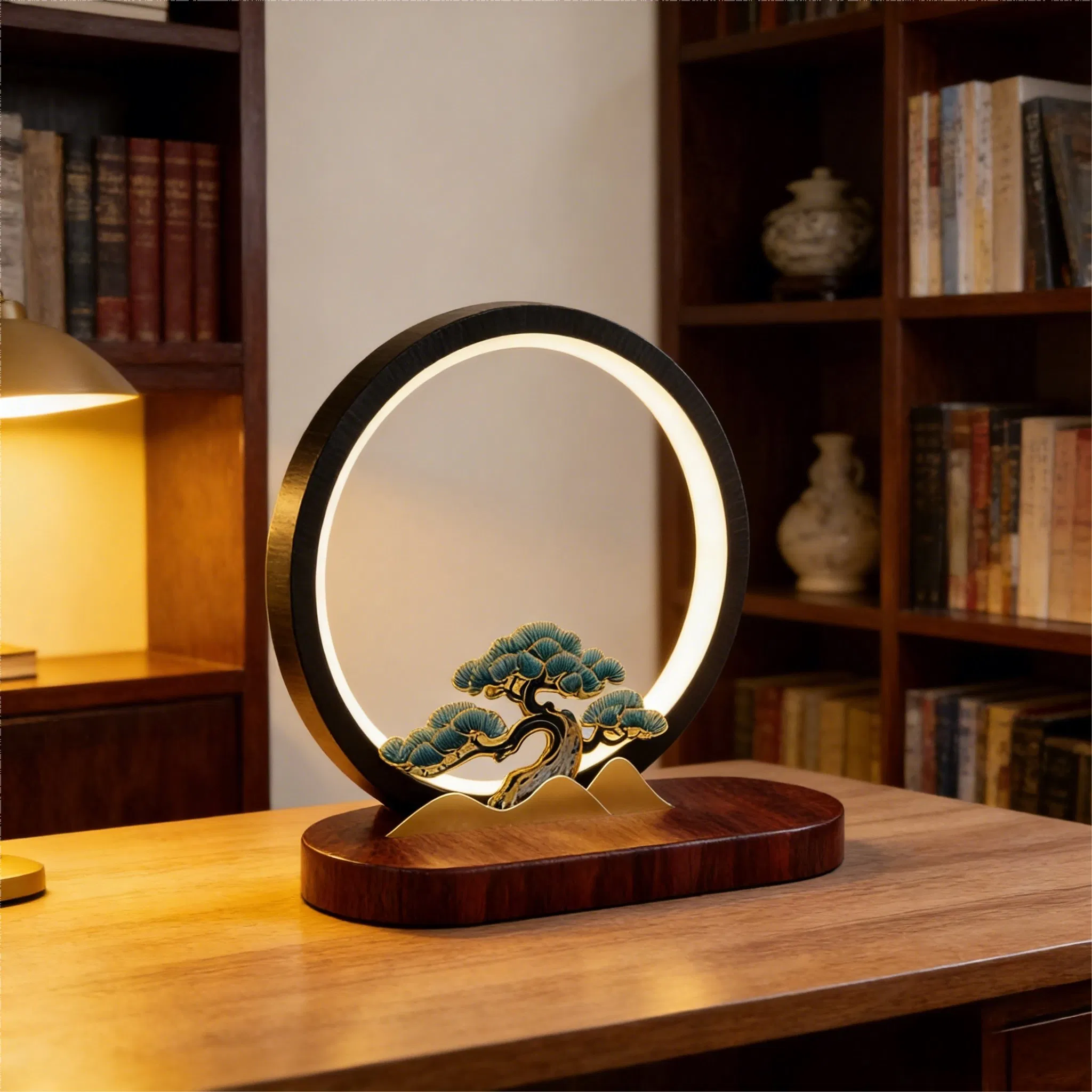 Chinese Style Circular Pine Decor LED Table Lamp Wireless Charging Custom Logo Table Lamp