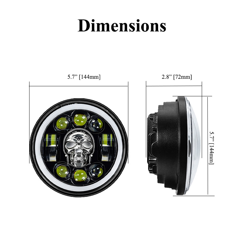 12V 24V 5.75inch Motorcycle Wrangler Round RGB Skull Front LED Headlight, Truck Car Offroad 4X4 SUV High Low Beams H4 Halo Angel Eyes Driving Headlamp
