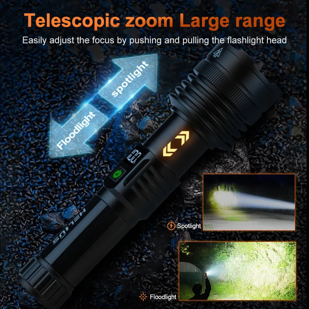 Helius Telescoping Zoom Ultra Bright LED Torch Rechargeable Outdoors Hunting Tactical Flashlight