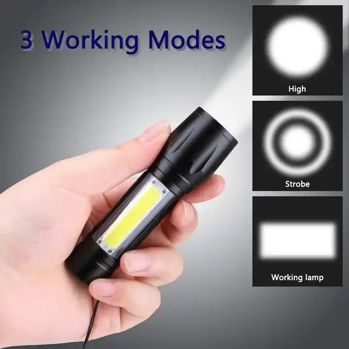 USB Rechargeable COB LED Flashlight Mini Aluminium Alloy Zoomable Flood Torch