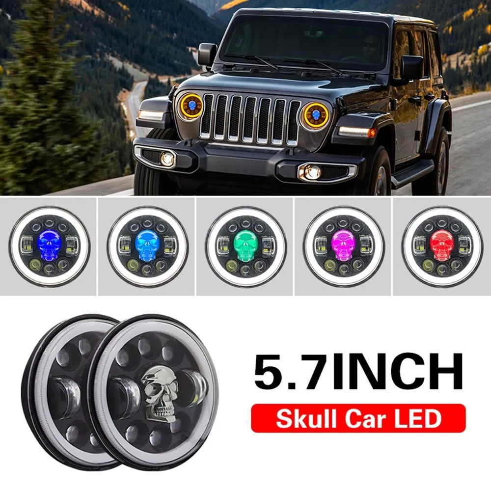 12V 24V 5.75inch Motorcycle Wrangler Round RGB Skull Front LED Headlight, Truck Car Offroad 4X4 SUV High Low Beams H4 Halo Angel Eyes Driving Headlamp