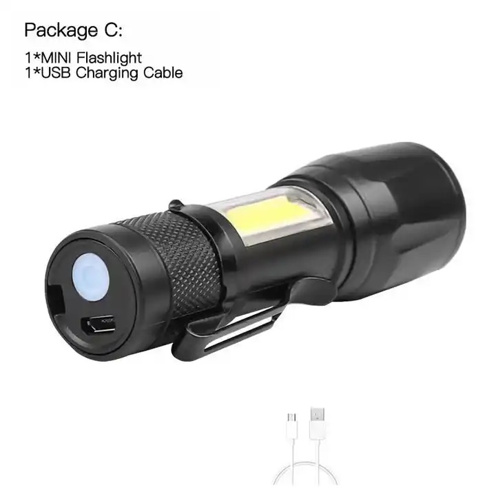 USB Rechargeable COB LED Flashlight Mini Aluminium Alloy Zoomable Flood Torch