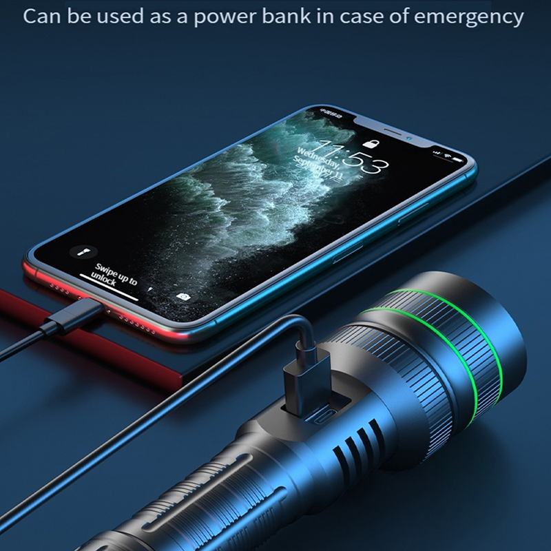 1500m 60W Super White Laser LED Flashlight Power display Zoomable Type-C Rechargeable Flashlight