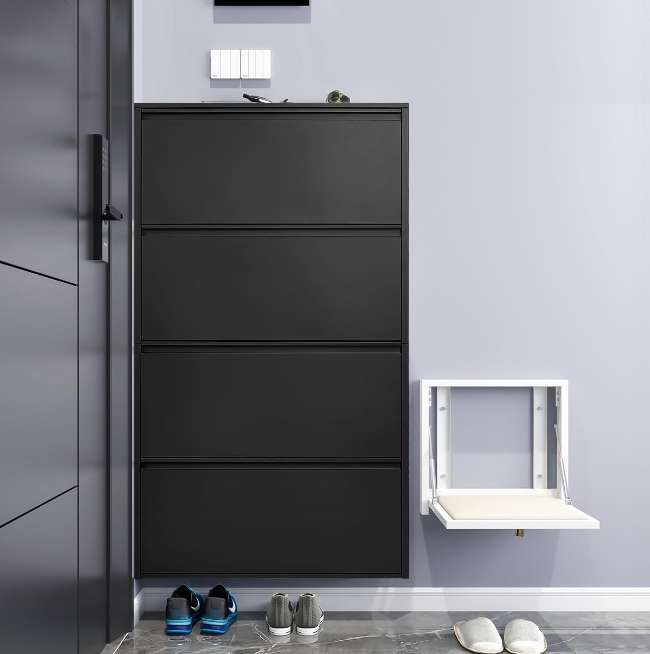 Metal Shoes Cabinet with 4 Flip Drawers, Wall Mount Shoe Organizer for Entryway, 4 Layers Steel Shoe Rack Hidden Shoe Organizer