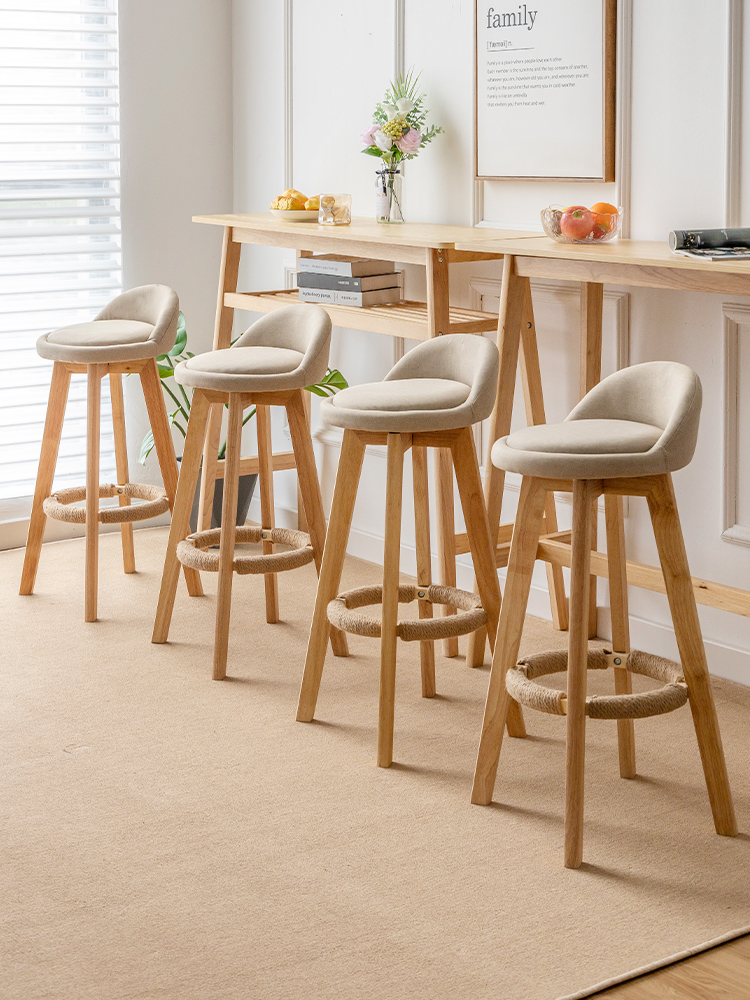 Modern Light Luxury Rubberwood Leather Cushion Back Bar Stool High Stools