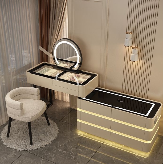 Hot Modern Lighted Adjustable Extendable Bedroom Vanity Makeup Dresser with 3 Colors LED Mirror Smart Dressing Table Glass Top