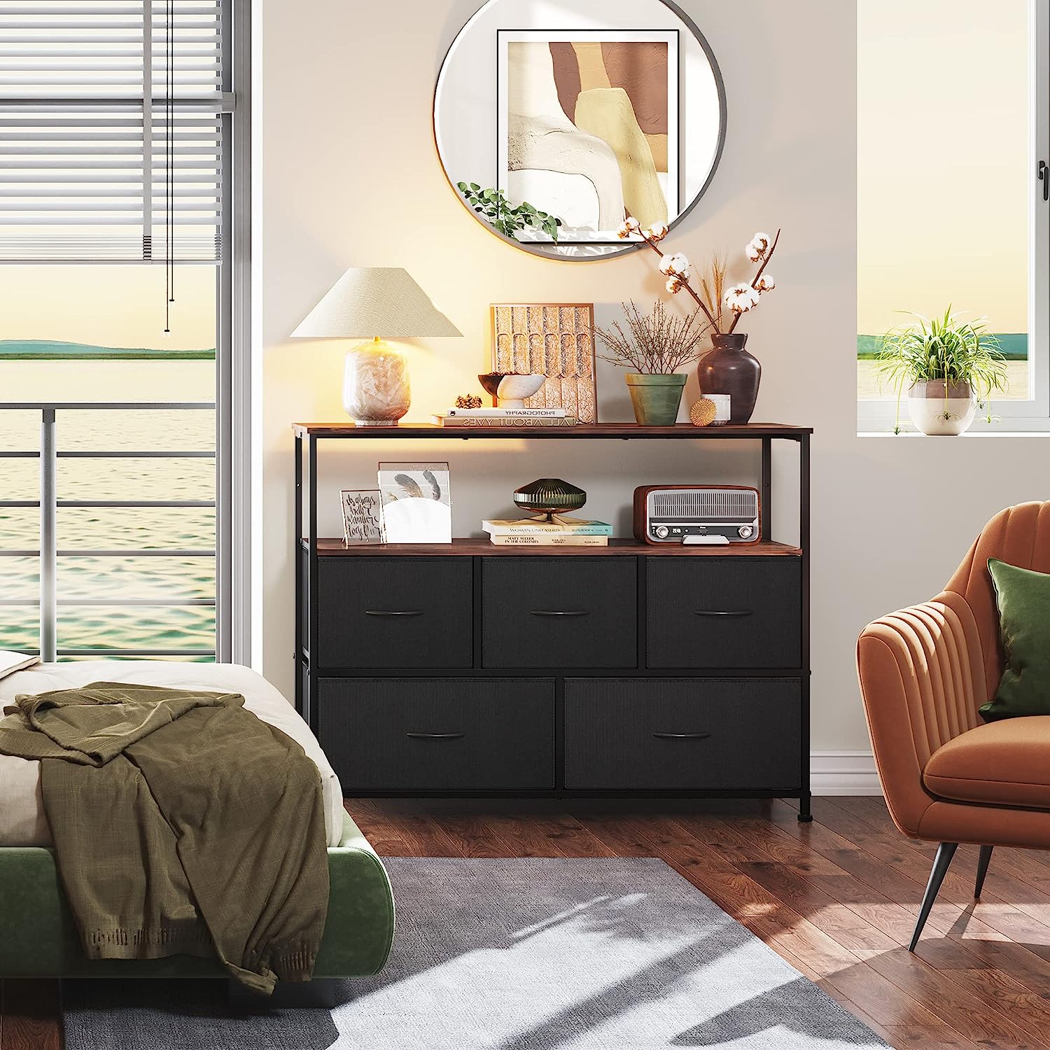 Modern TV Stand Living Room Dresser TV Stand Entertainment Center with Fabric Drawers Media Console Table with Open Shelves