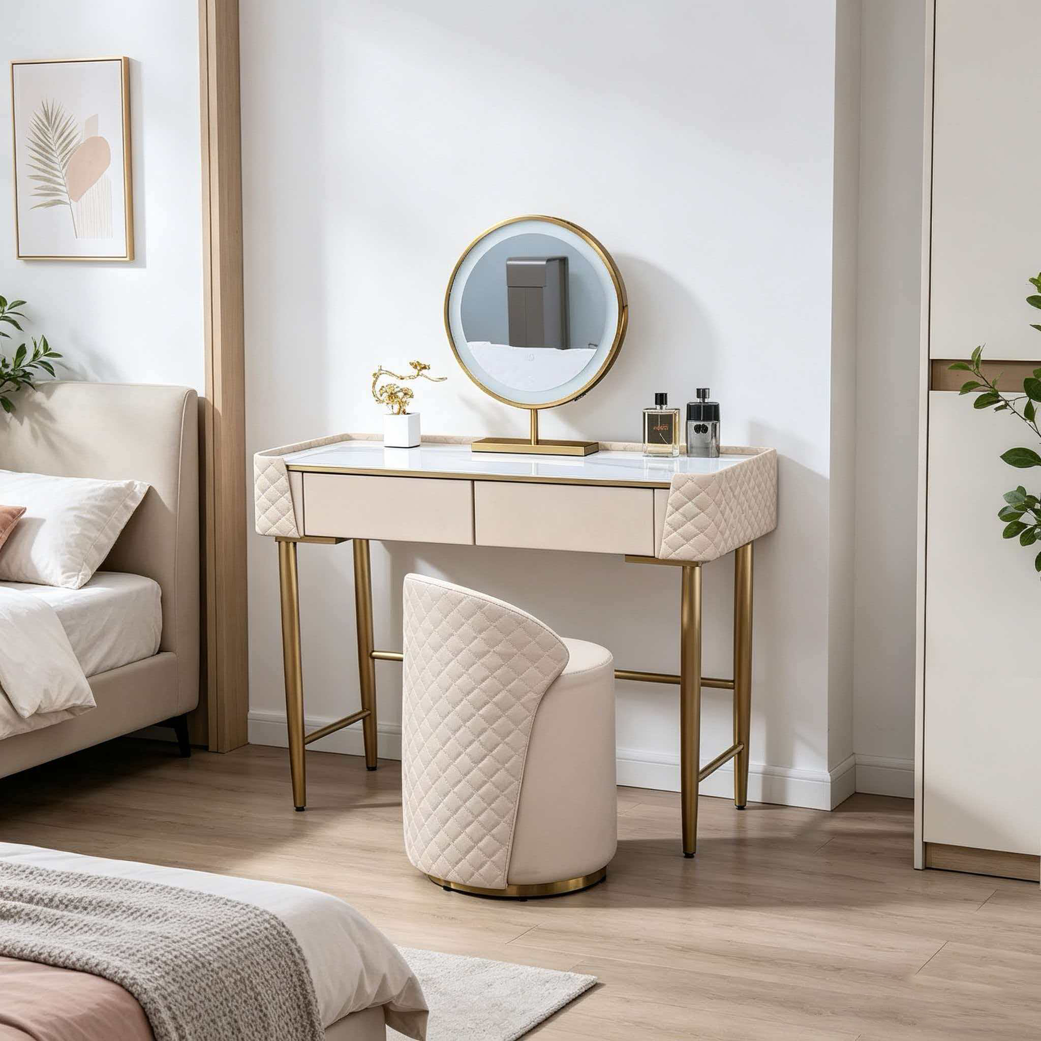 Modern Foldable 120x40x75cm Mirrored Vanity Dressing Table with LED Lighted Mirror and 2 Drawers for Bathroom