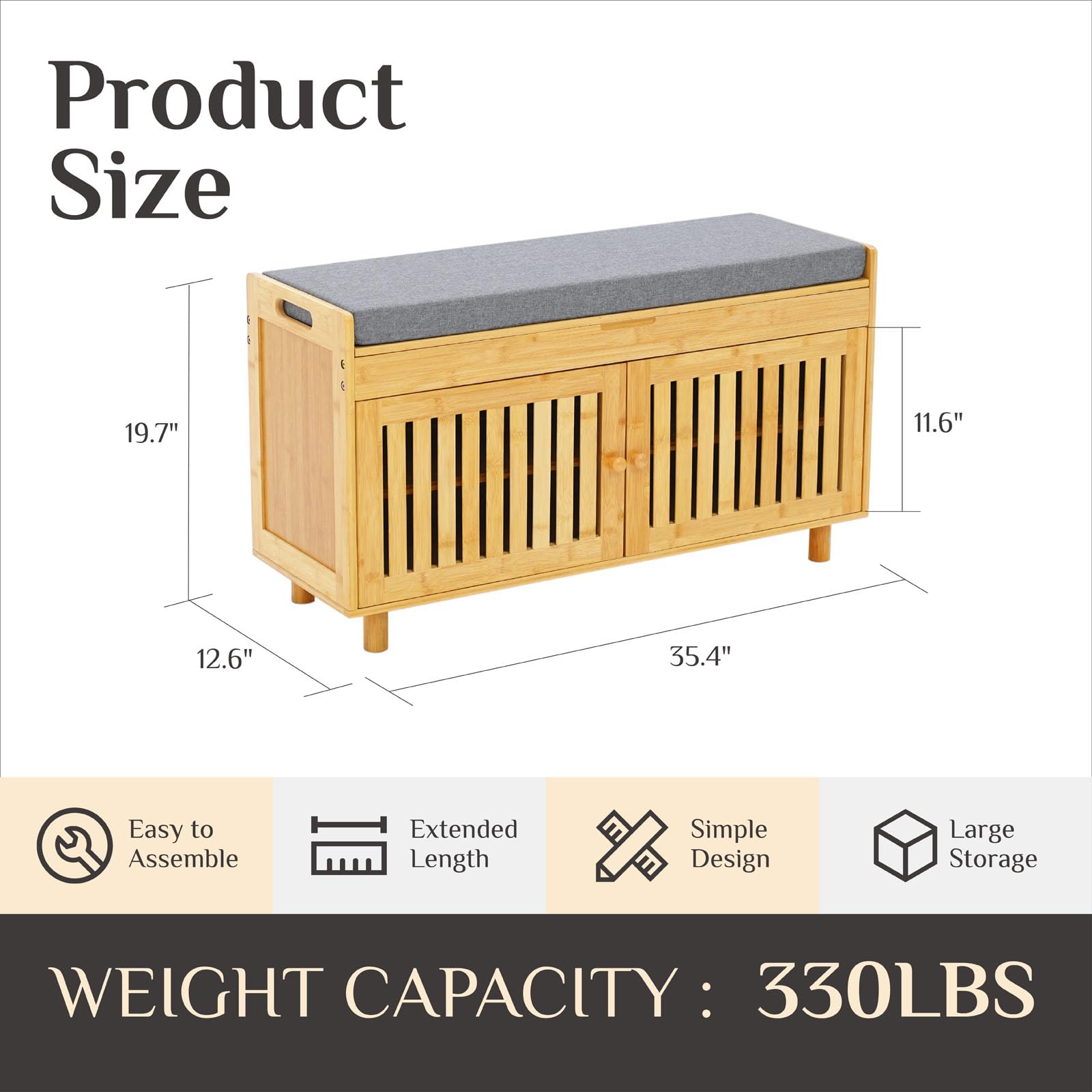 Factory Shoe Storage Bench Organizer Bamboo Entryway Bench with 2 Doors Padded Seat Cushion 2 Tier Shoe Rack Bench Shoe Cabinet