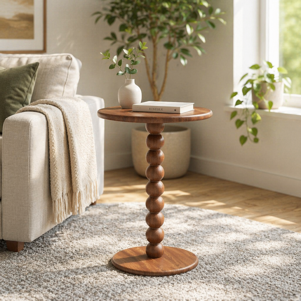 Wood Beaded Pedestal Side Table Farmhouse Round Solid Wood End Table Spindle Bobbin Accent Table Living Room Sofa Side Table