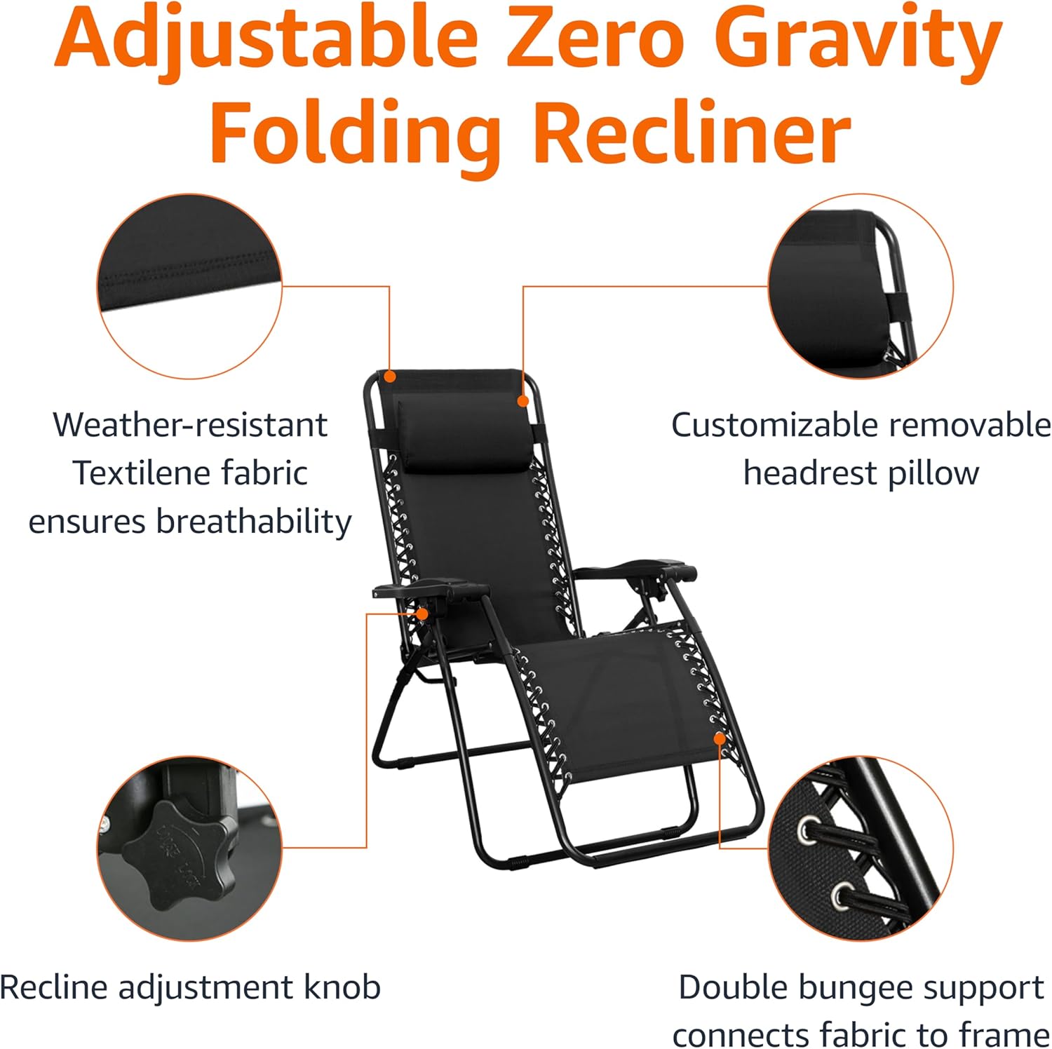 NBT Outdoor Iron Patio Zero Gravity Portable Folding Reclining Lounge Chair Padded Headrest Pillow Weather Resistant Travelling
