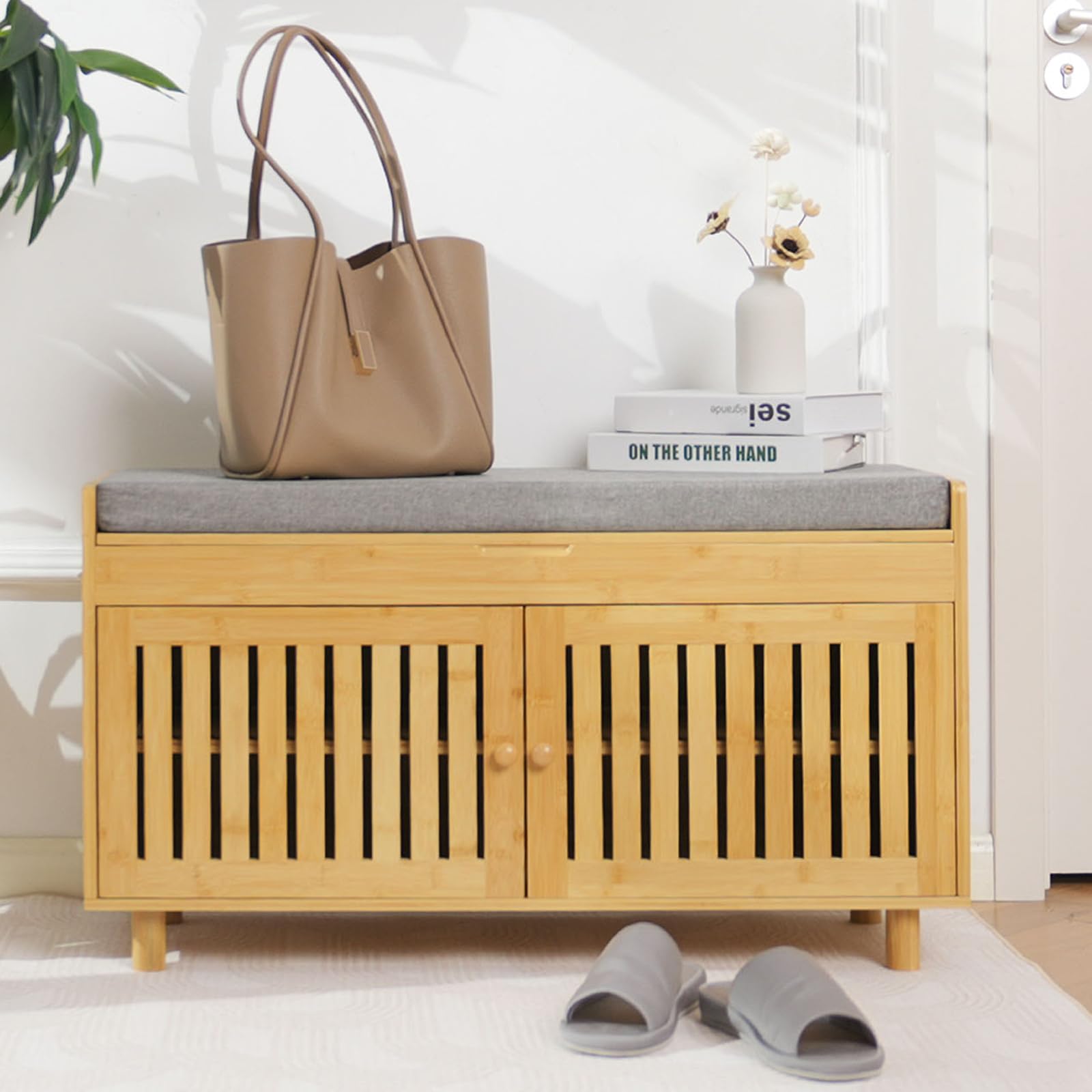 Factory Shoe Storage Bench Organizer Bamboo Entryway Bench with 2 Doors Padded Seat Cushion 2 Tier Shoe Rack Bench Shoe Cabinet