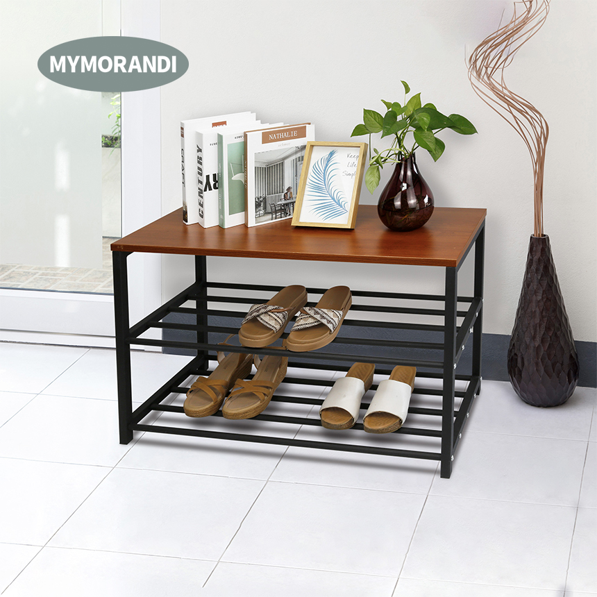 3 Tiers Modern Solid Wood Shoe Rack Metal Shelf Shoe Bench for Entryway
