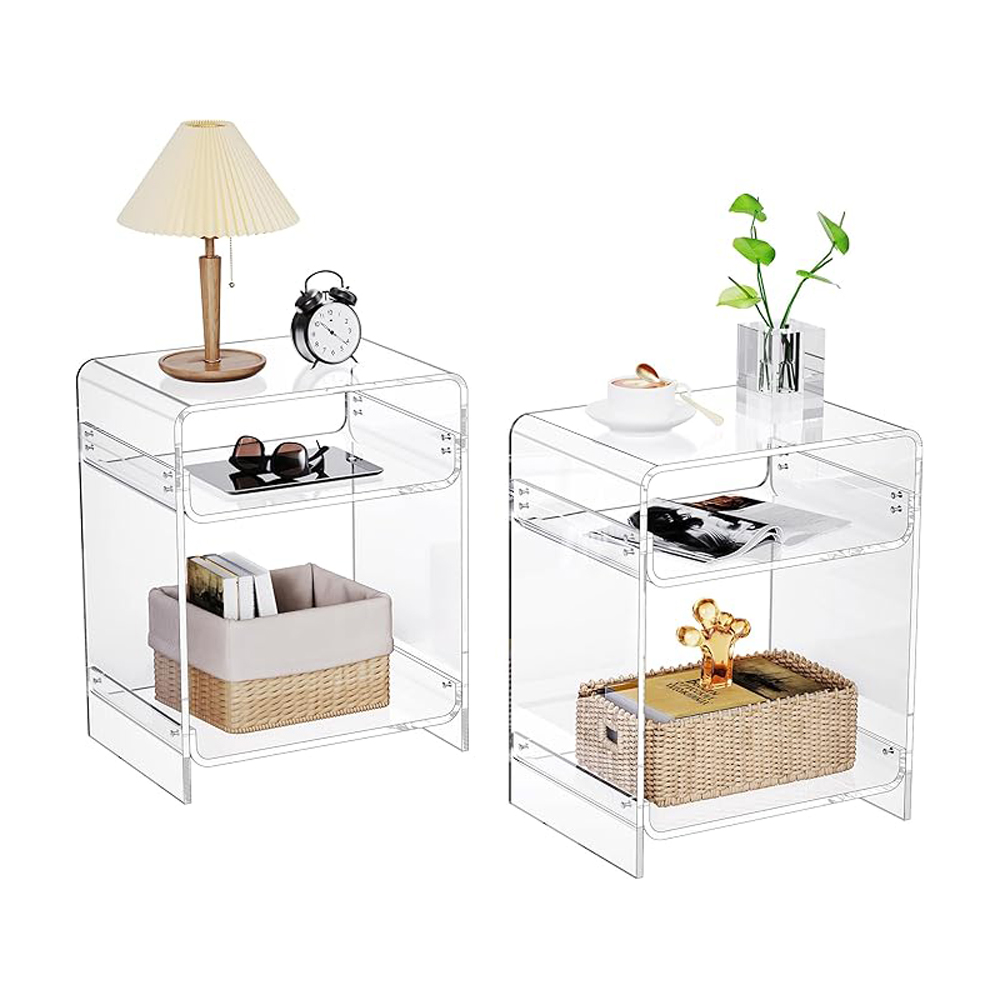 Set of 2 Modern Acrylic End Table Record Player Table with Storage Shelf Clear Side Table Nightstand Living Room Furniture