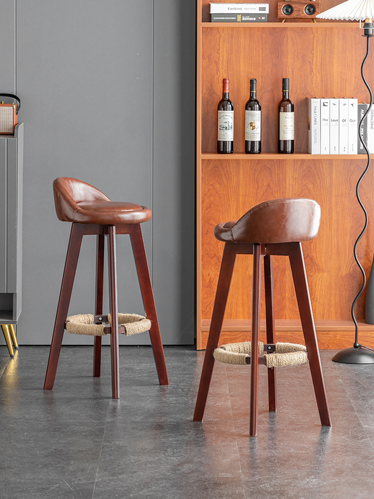 Modern Light Luxury Rubberwood Leather Cushion Back Bar Stool High Stools